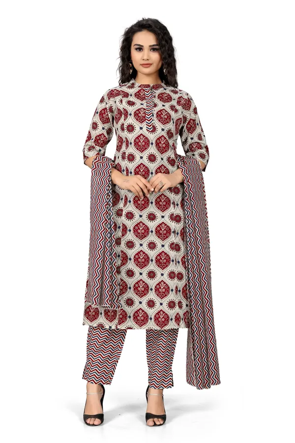 Indian_Women_Maroon_&_Off_White_Pure_Cotton_Printed__Kurta_with_Trousers_&_Dupatta
